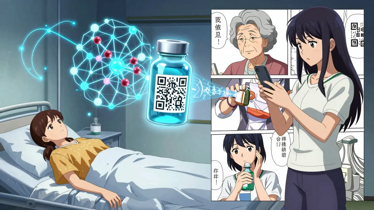 Elderly woman scanning a QR code on a medicine bottle while a past version of herself lies ill in a hospital bed.