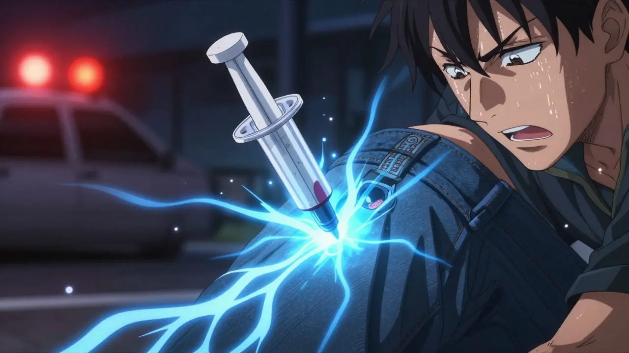 EpiPen injecting into thigh with glowing energy, face focused in urgent action.