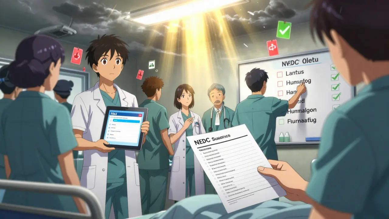 Healthcare team uses a tablet to view FDA shortage alerts while planning alternative medications for a patient.