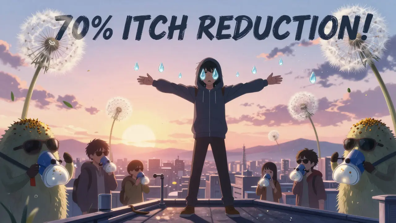 Hero blocking pollen monsters with tear shield on rooftop at sunrise, anime style