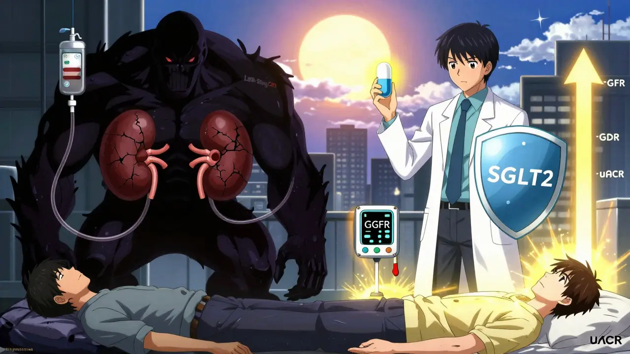 Heroic doctor fighting a monstrous CKD creature with medicine and diet as weapons.