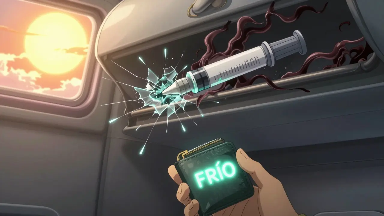 Insulin degrading in an overheated overhead bin, contrasted with a safe FRÍO wallet in hand.