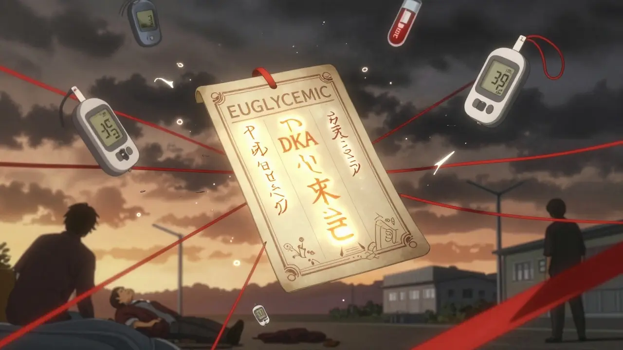 Medical alert card floating with warning symbols, shattered glucose meters, and rising ketone readings.