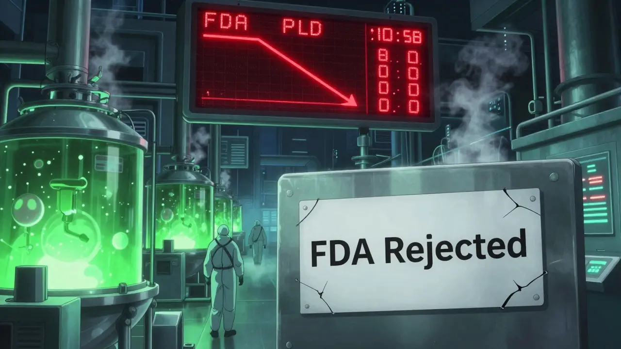 Nighttime overseas drug factory with workers, glowing chemicals, and red FDA rejection labels on batch containers.