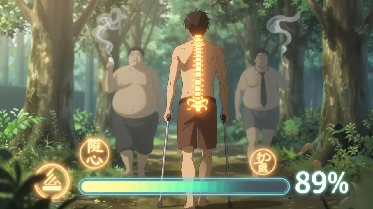 Recovering man walks with cane, fused spine glows amber as past unhealthy versions fade away.