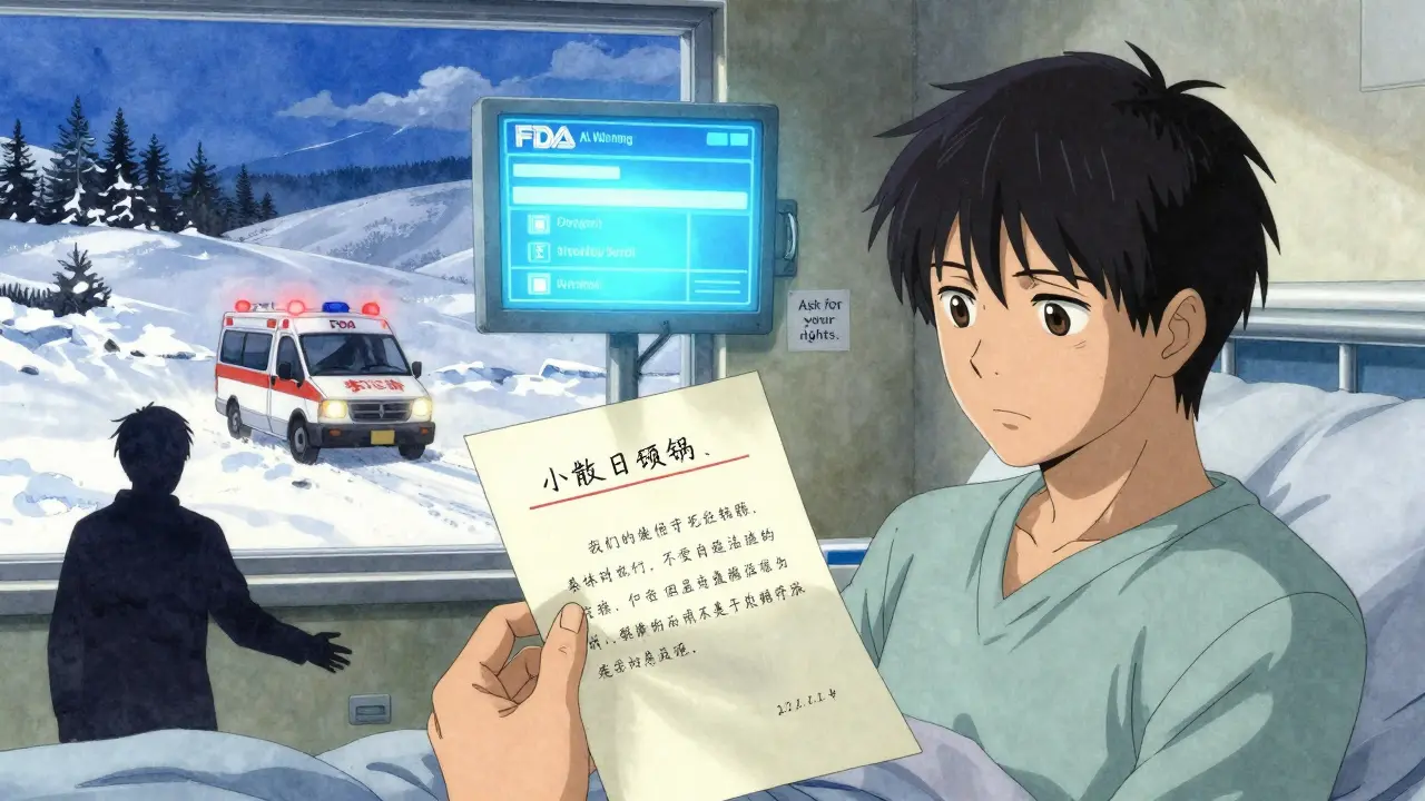 Rural patient reads a letter about drug rationing as an ambulance drives away into snow, a hopeful future self watches.