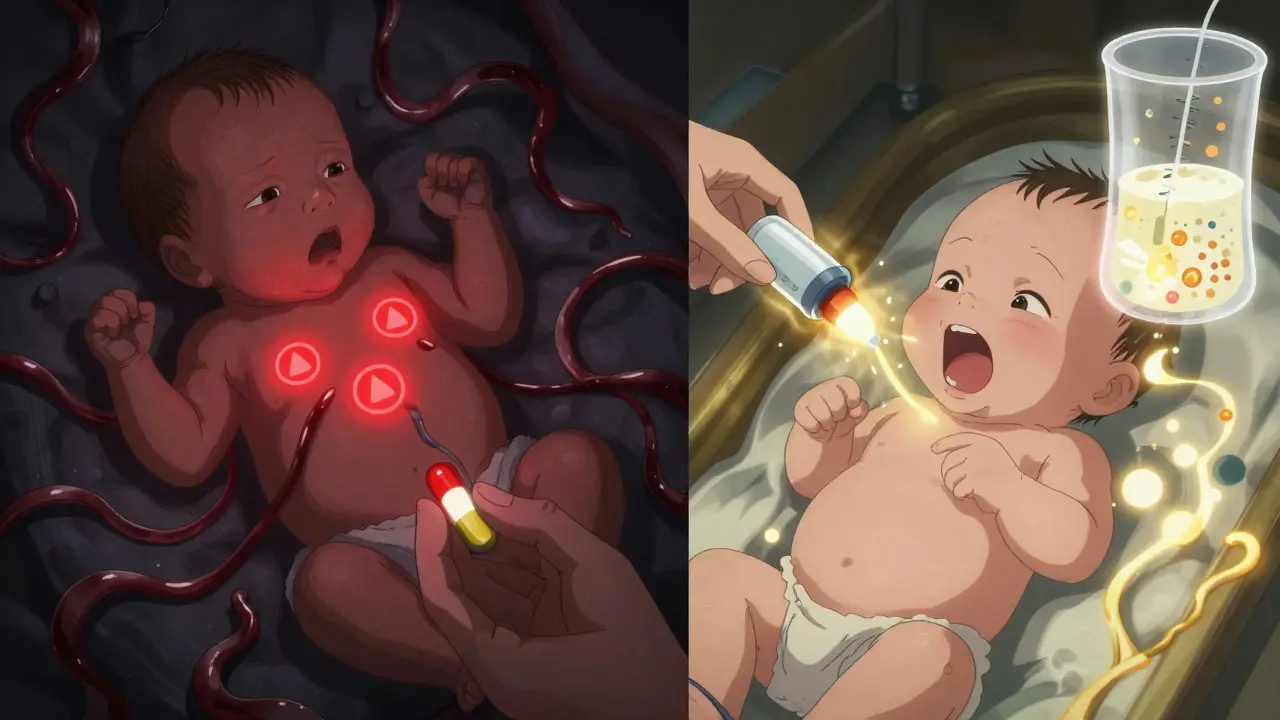Split scene: baby endangered by codeine vs. protected by loratadine in glowing aura.