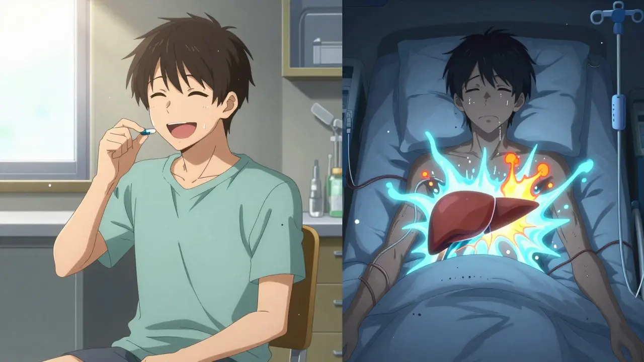 Split scene: patient taking pill in sunlight vs. same person in ER with explosive ketone clouds.