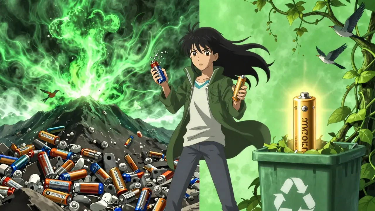 Split scene: toxic battery waste vs. clean rechargeable recycling with nature.