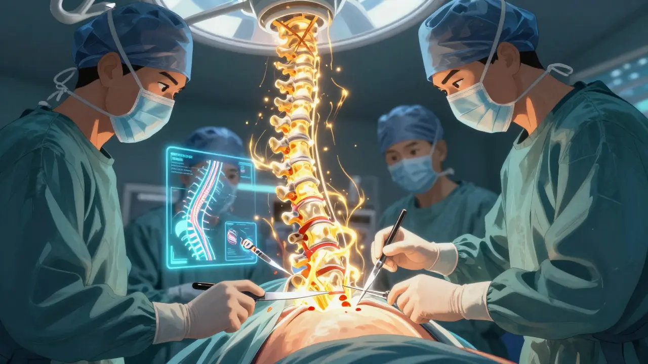 Surgeon inserting glowing bone graft during spinal fusion, holographic spine anatomy visible.