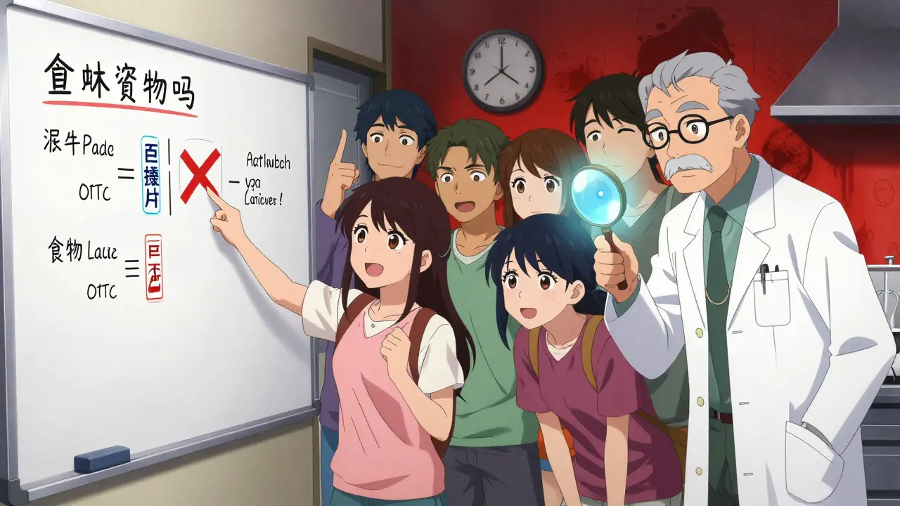 Teens and pharmacist at a whiteboard mapping OTC drug ingredients with red Xs marking dangerous combinations.