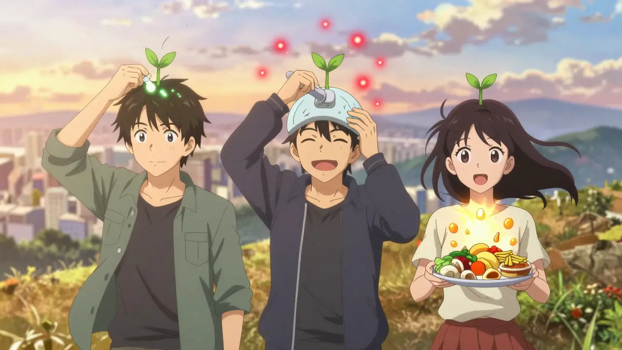 Three people at sunrise, each showing progress in hair regrowth with glowing treatments around them.