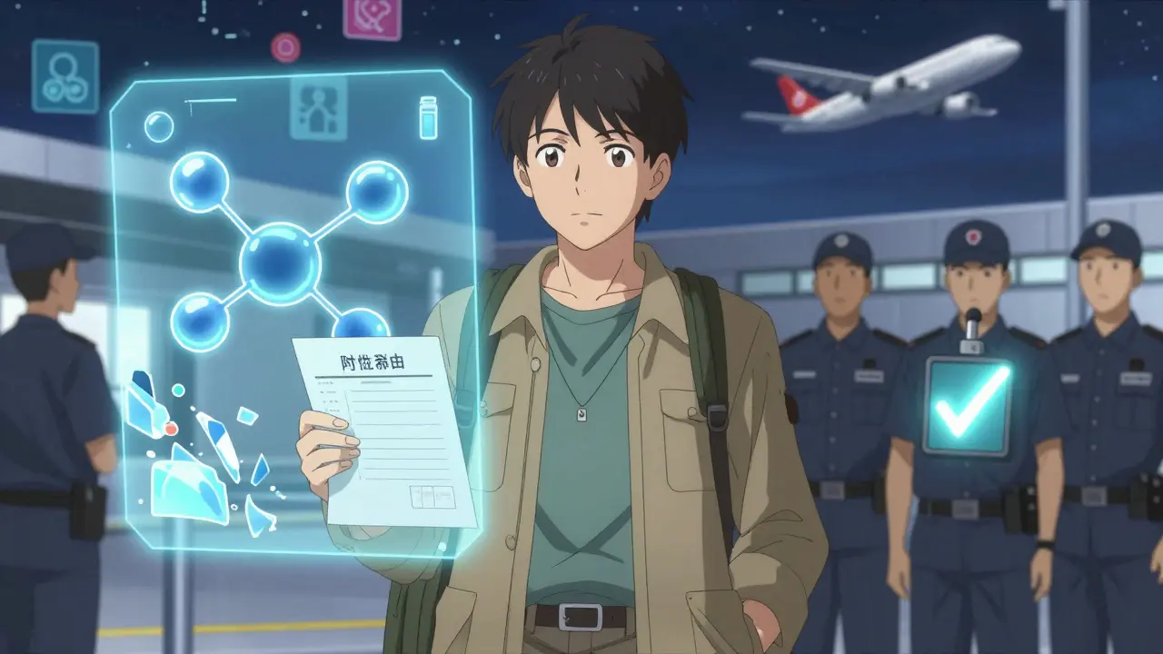 Traveler presenting medical documentation at security with holographic insulin molecules visible.