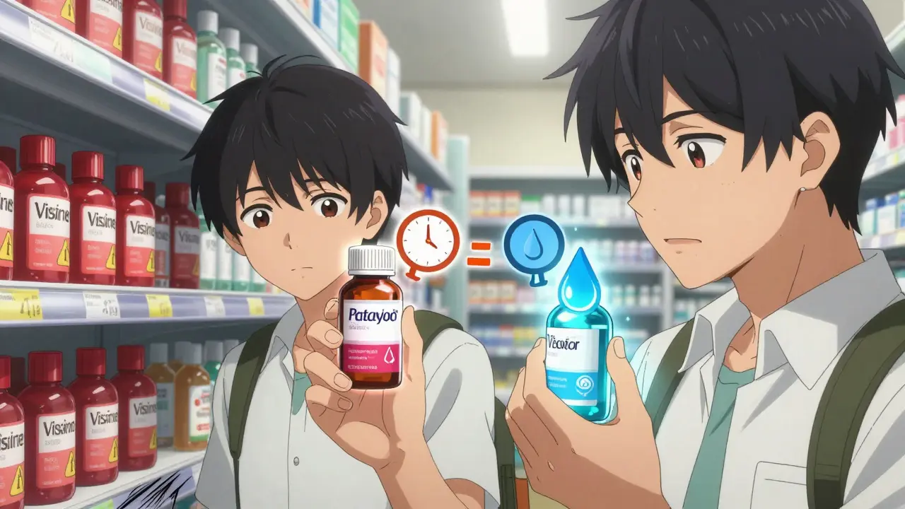 Two teens choosing between Pataday and Zaditor eye drops in a pharmacy, anime style