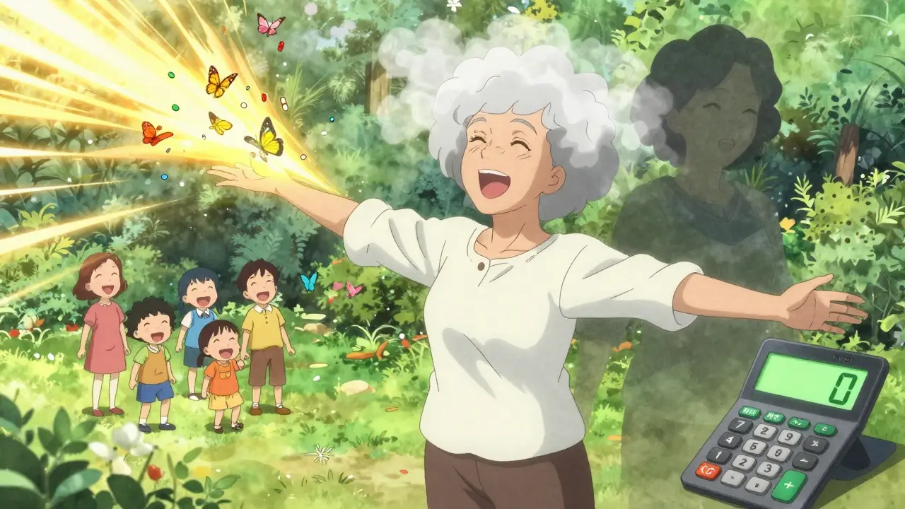 Woman in garden as medication pills turn into butterflies, symbolizing recovery from anticholinergic side effects.