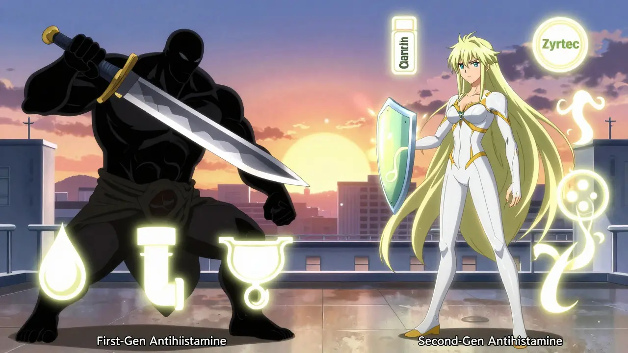 A battle between a dark antihistamine warrior and a radiant second-gen hero, showing blocked vs. healthy bodily functions.