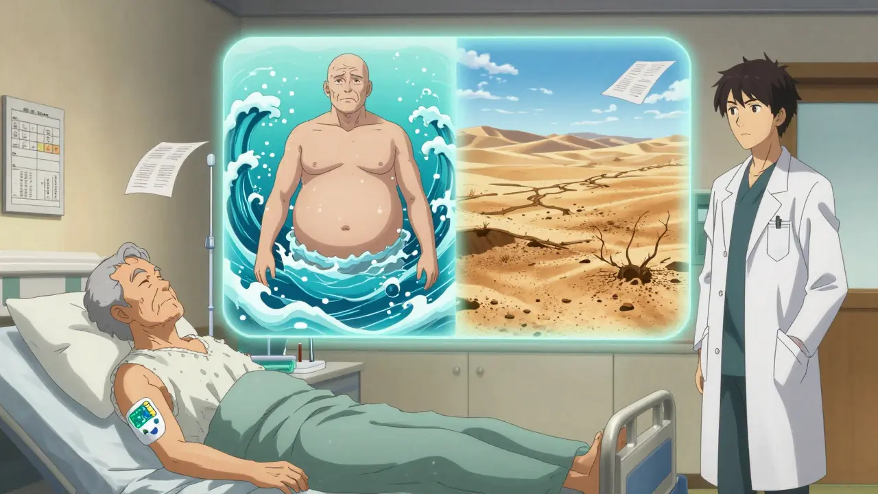 A doctor and dietitian stand beside a patient with a split-screen showing fluid overload and dehydration, a sodium patch glows on their arm.