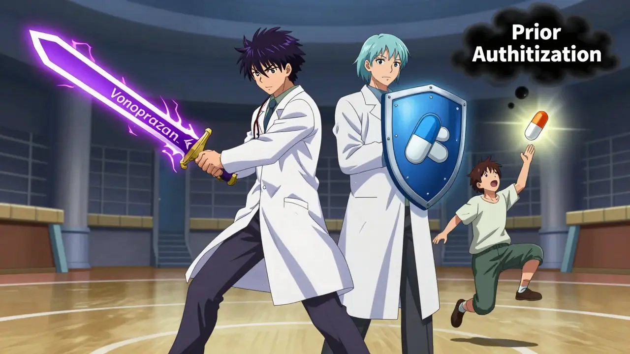 A doctor and pharmacist battle with pill weapons as a patient catches a generic tablet, dispelling prior authorization clouds.