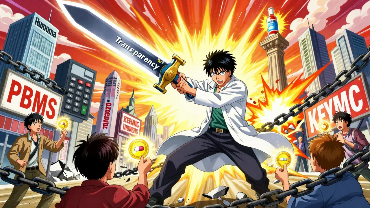 A heroic pharmacist fighting corporate middlemen with a transparency sword, as generic drugs rise as symbols of hope.