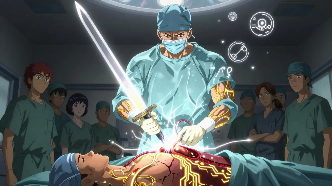 A heroic surgeon using a glowing arterial graft to bypass a damaged heart artery in a cinematic shounen anime scene.