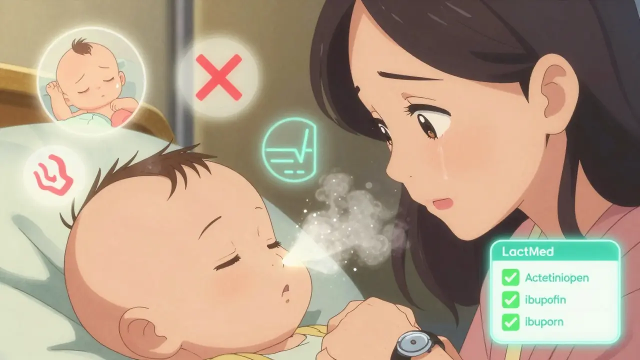 A mother watches her baby’s breathing closely, with floating safety indicators confirming healthy responses to medication.