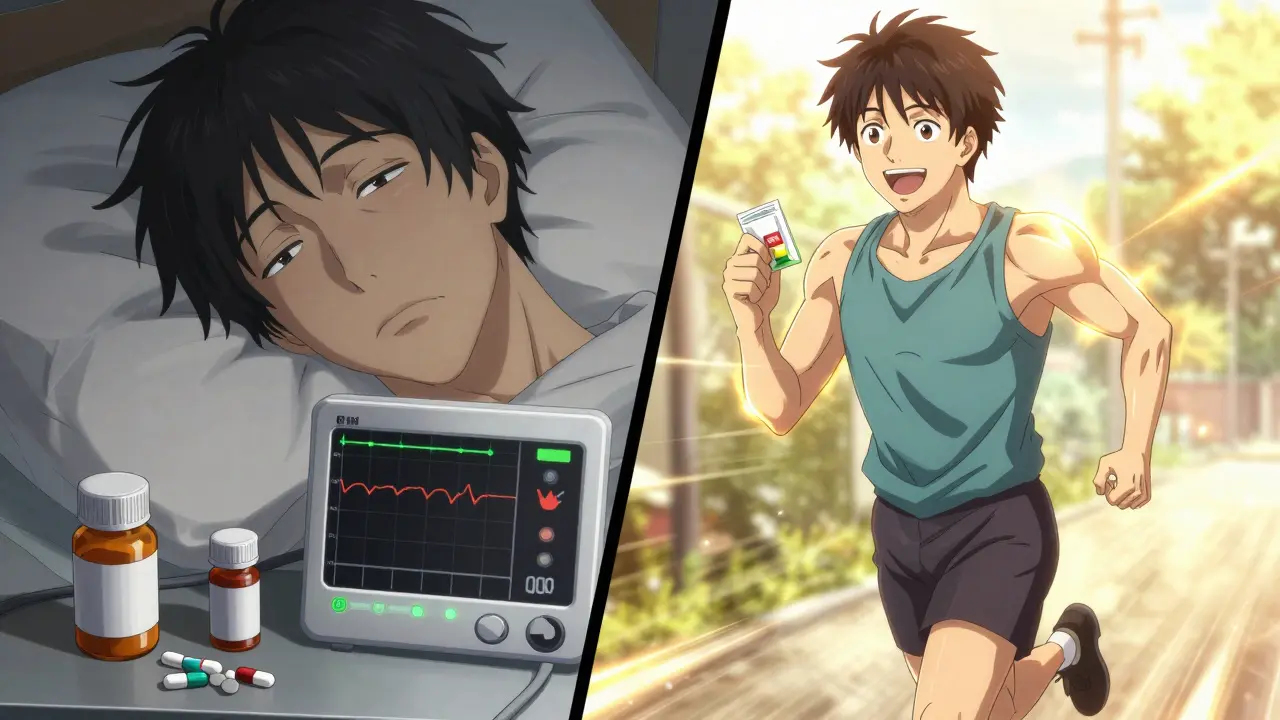 A person transitions from fatigue surrounded by opioid bottles to vitality with non-opioid meds, bathed in golden sunlight.