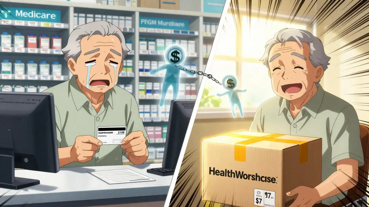A senior citizen comparing a high-cost pharmacy charge to a low-cost home delivery box, with shadowy middlemen fading away.