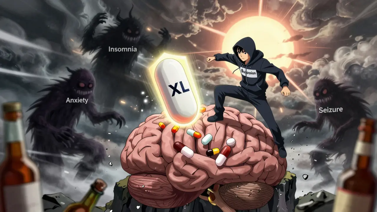 A symbolic brain battle against insomnia, anxiety, and seizure threats, with an extended-release tablet as a shield.