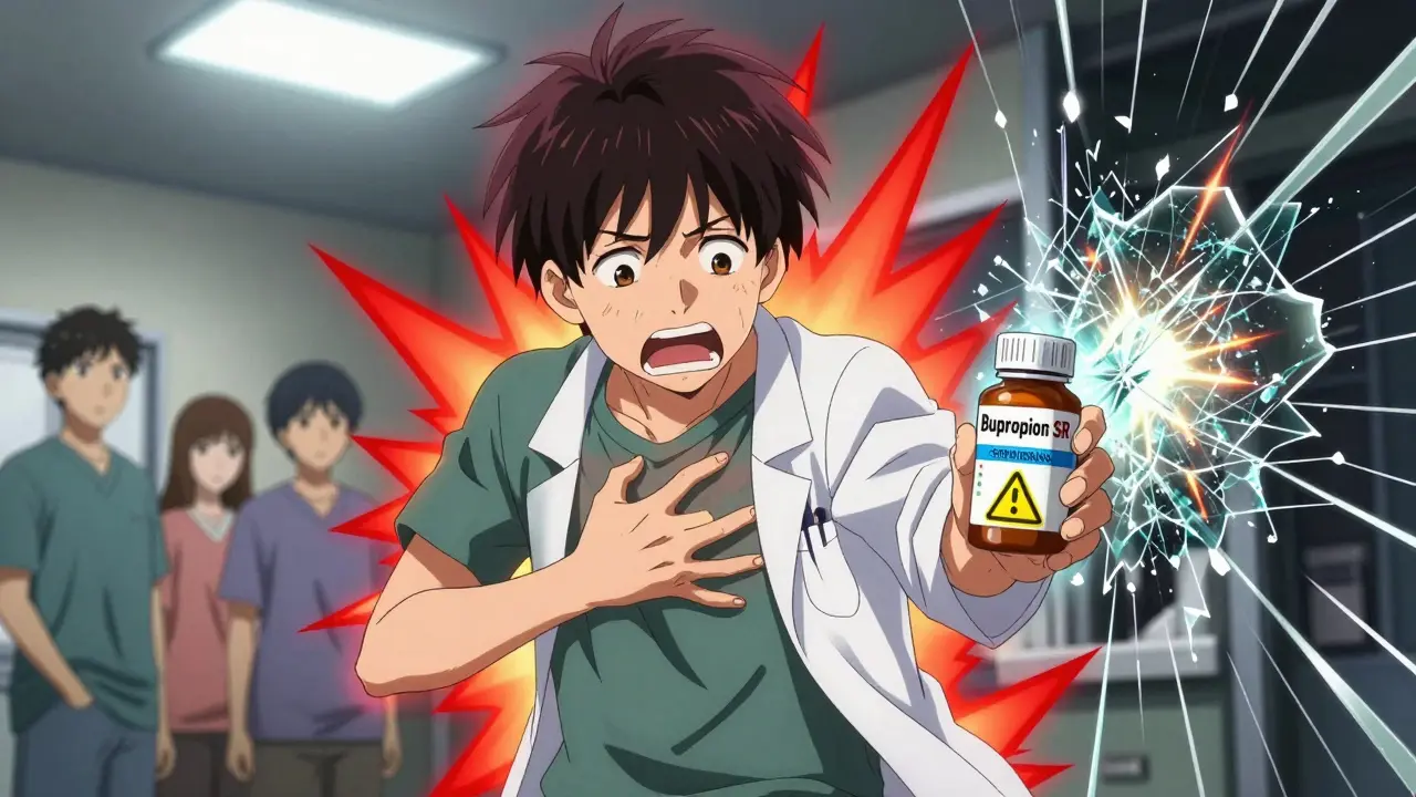 A teenager experiencing anxiety with electric energy spikes, facing a bupropion pill bottle in a clinical setting.