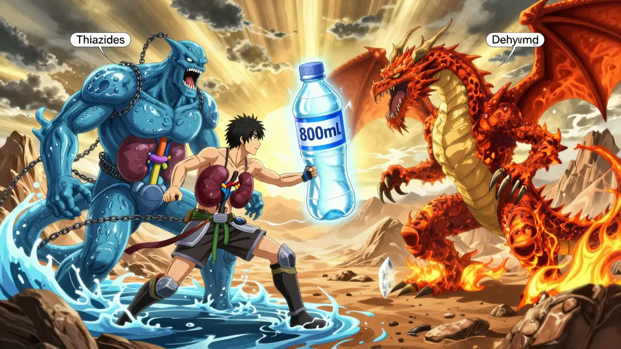 A warrior in kidney armor battles water and desert monsters inside a human body, with a water bottle and salt crystal as weapons.