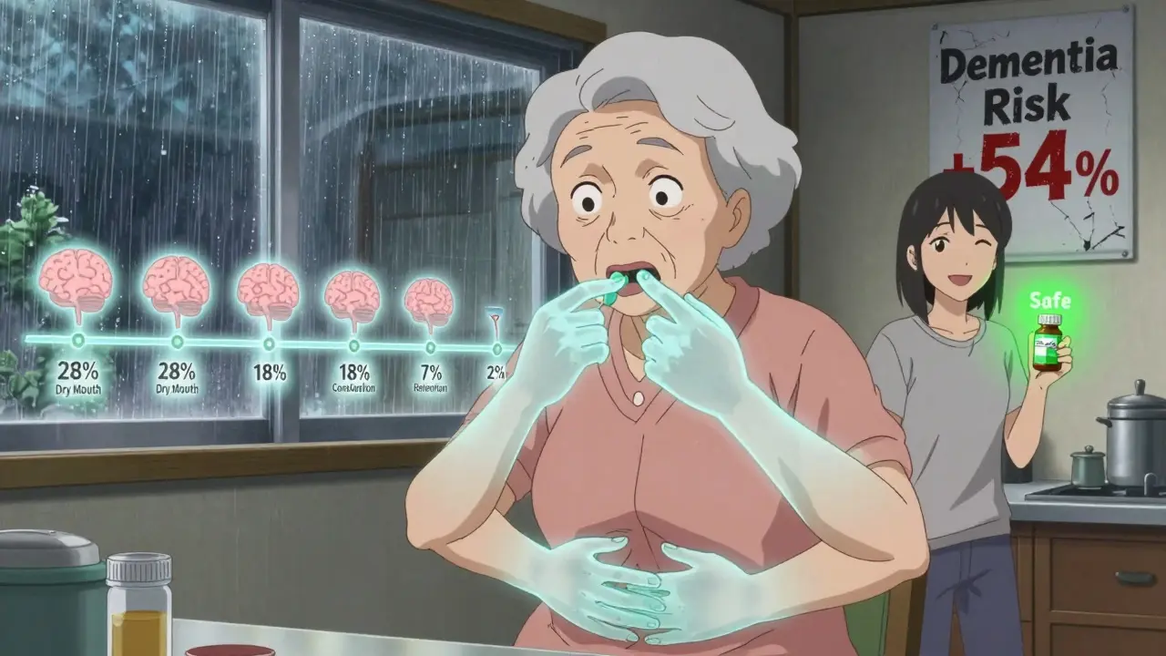 An elderly woman realizing the hidden dangers of her antihistamine pills, with ghostly hands representing side effects and a dementia timeline behind her.