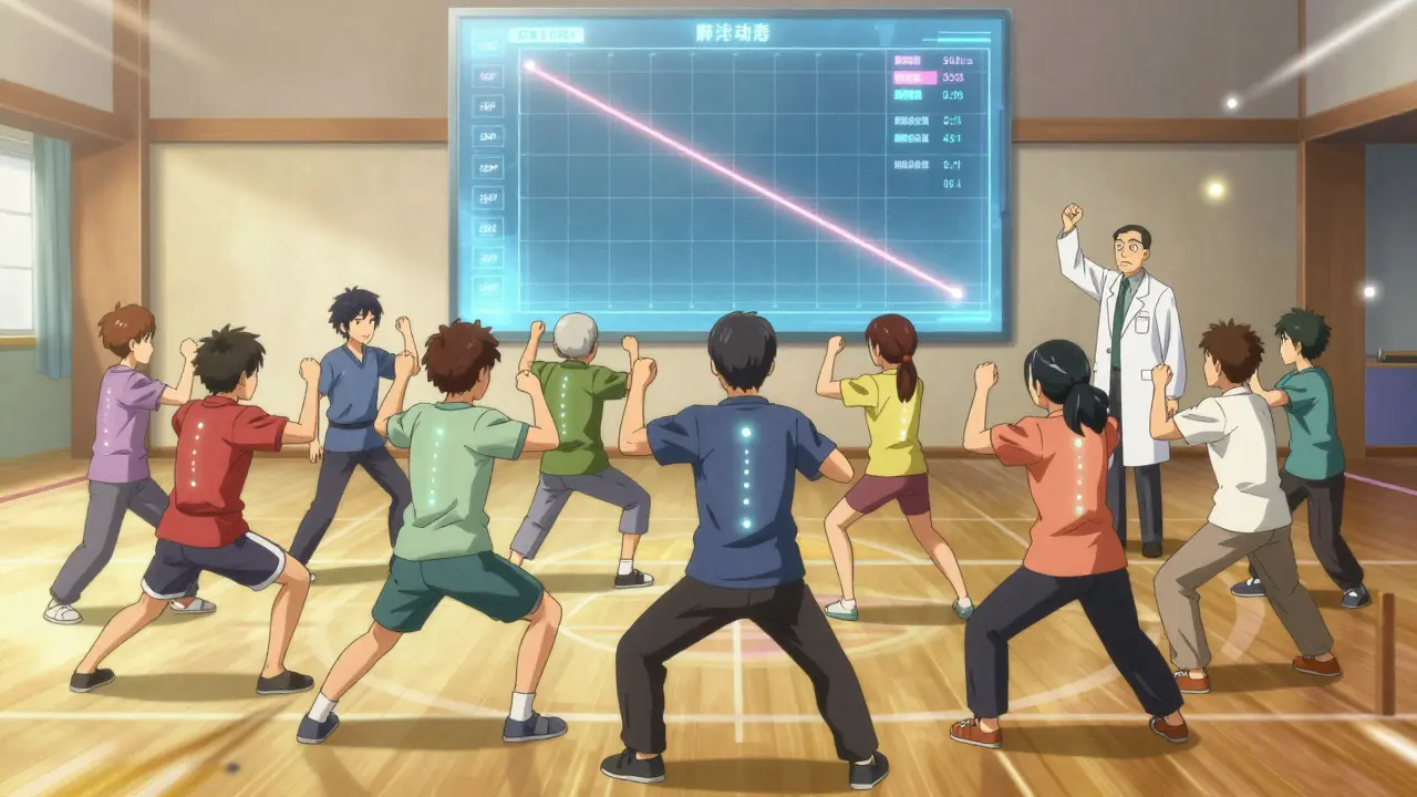 Diverse patients stretching together in a dojo, glowing spines and holographic health data in background.
