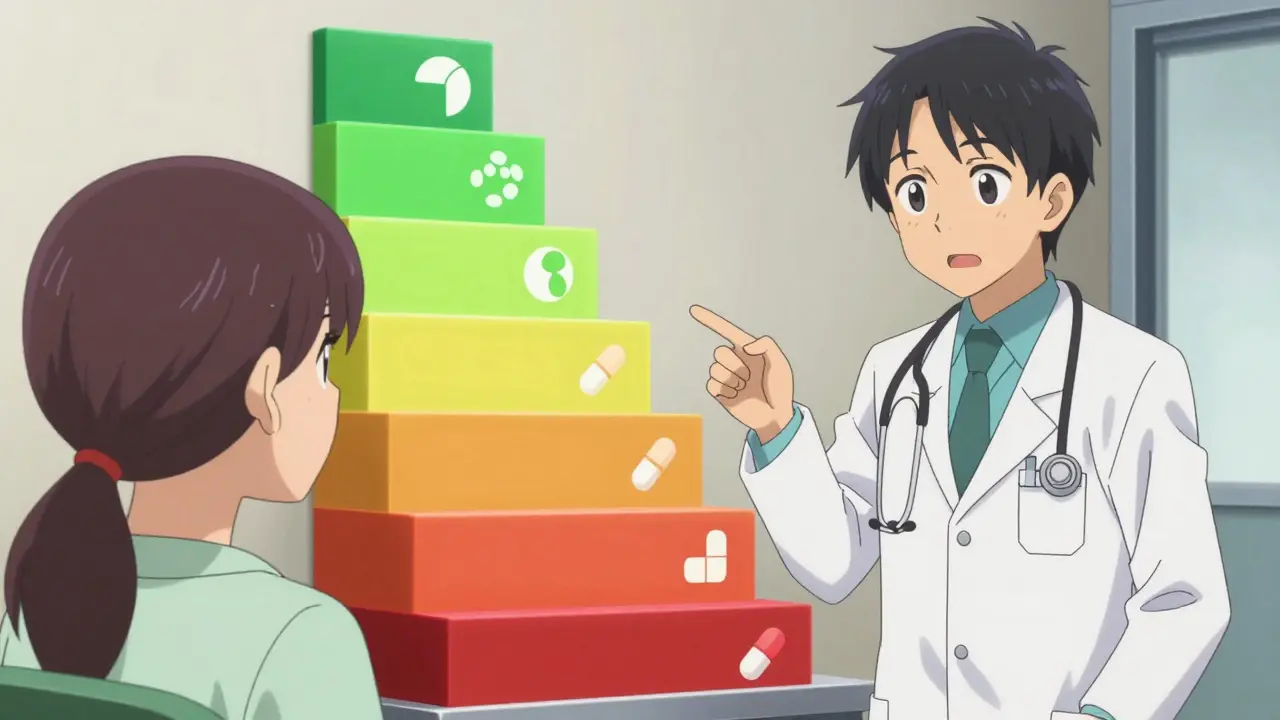 Doctor and patient discussing drug tiers via color-coded staircase diagram in clinic.