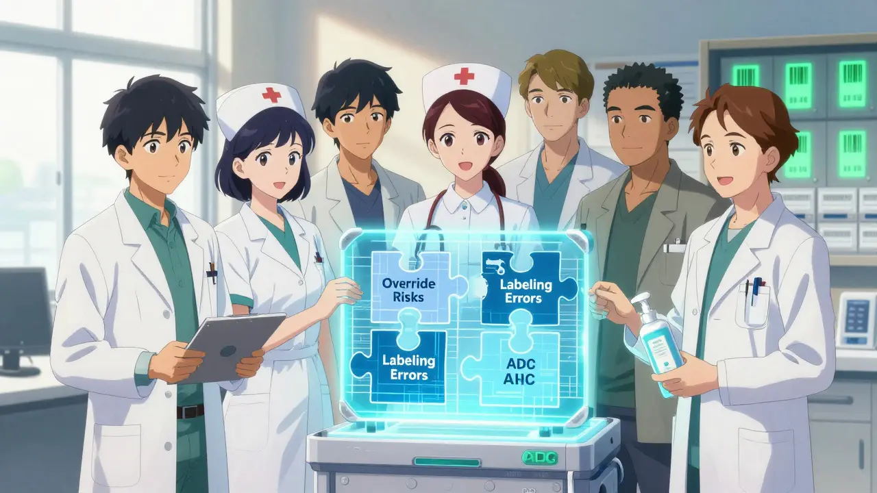 Healthcare team assembling a safety blueprint around a well-organized Automated Dispensing Cabinet.