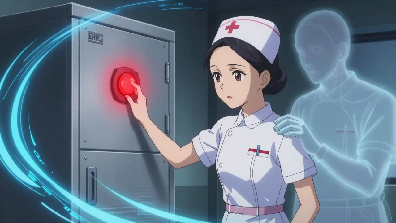 Nurse reaching for override button as ghostly provider appears behind her for verification.