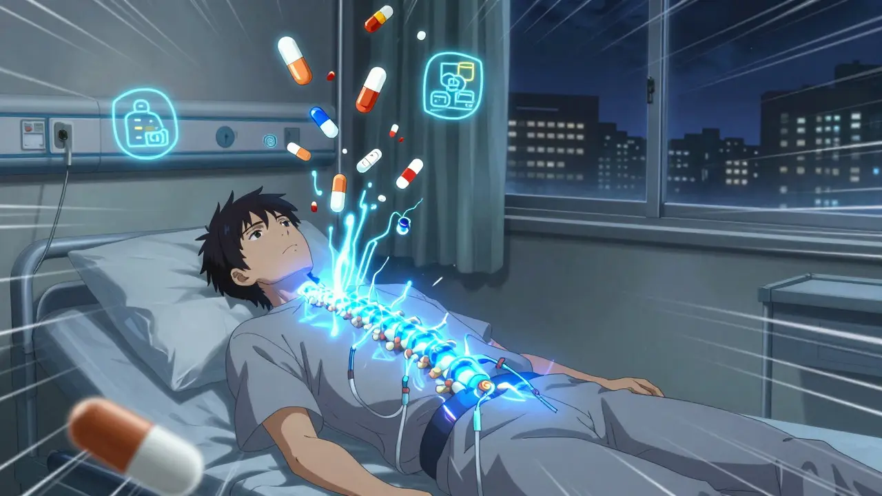 Patient receiving spinal cord stimulation with glowing electric pulses along the spine.