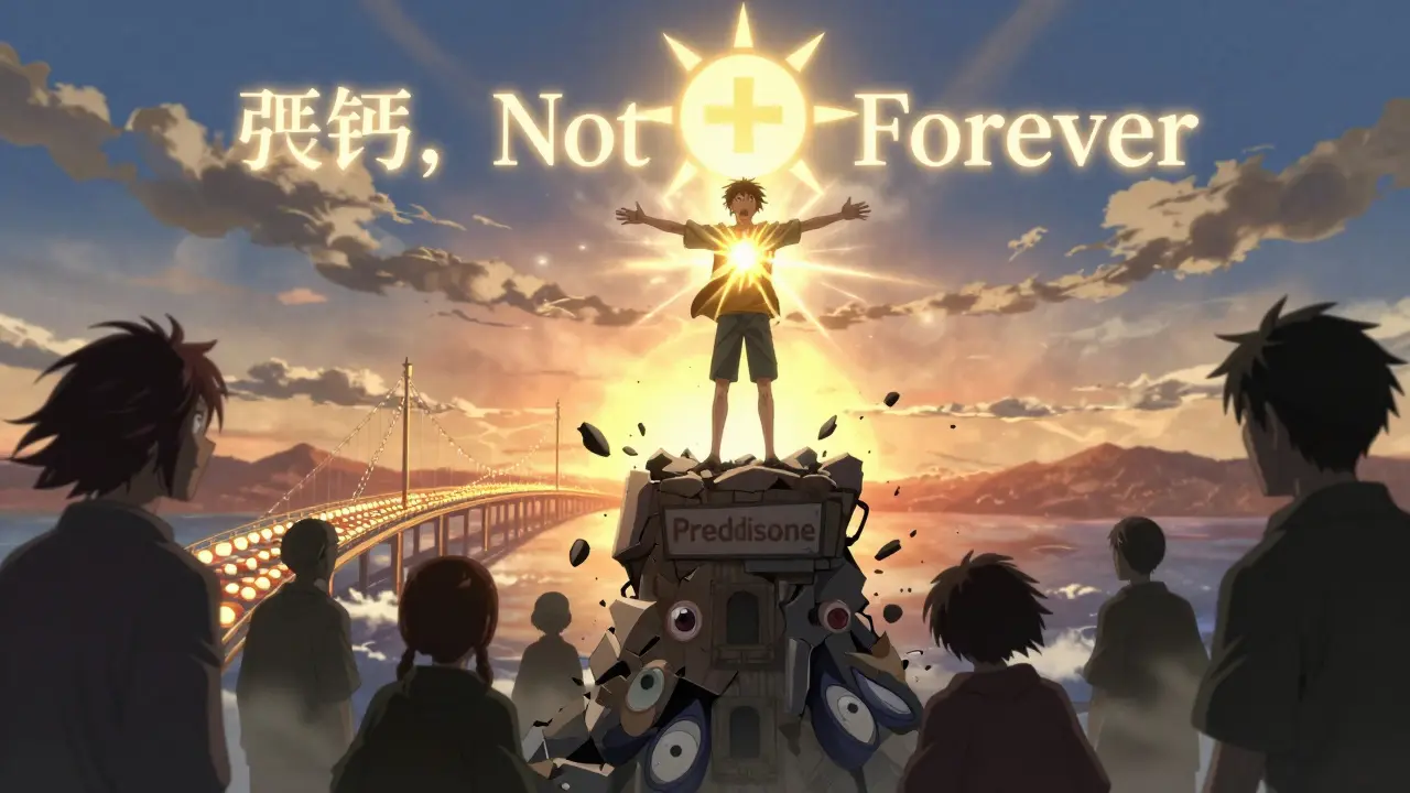 Patient standing atop crumbling prednisone tower as side effects shatter, bridge of supplements leading to sunrise.