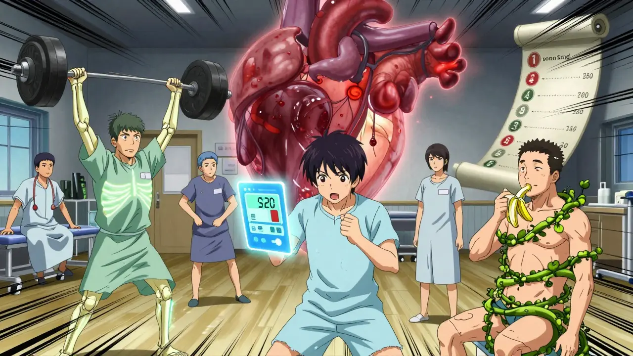 Patients training to fight side effects: lifting weights, checking blood sugar, eating bananas with energy auras.