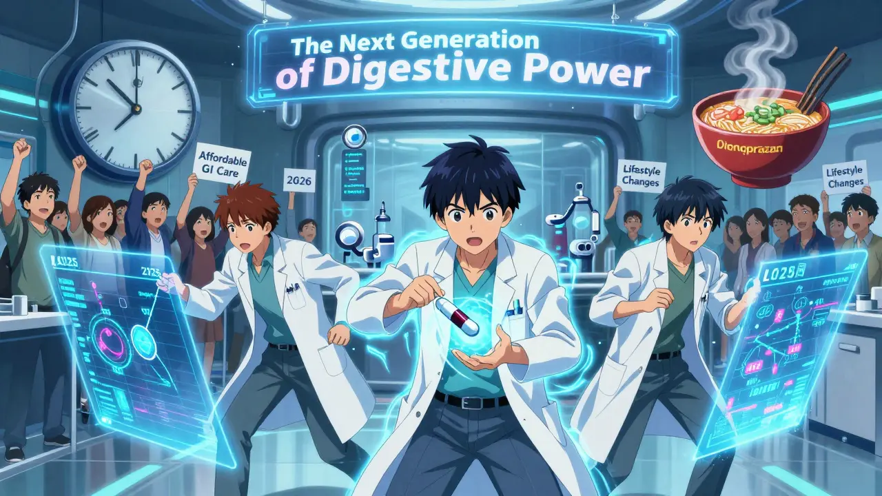 Scientists assemble a future GI combo pill in a neon-lit lab while patients cheer toward a timeline showing affordable care.