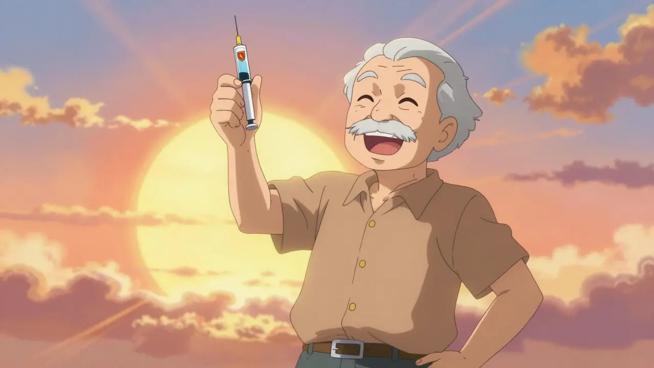 Senior holding insulin pen with dollar shield symbol, sunrise background, hopeful expression.