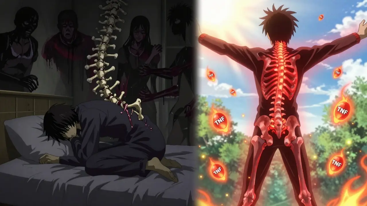 Split scene: dark fused spine in bed versus bright, free spine stretching in morning sun.