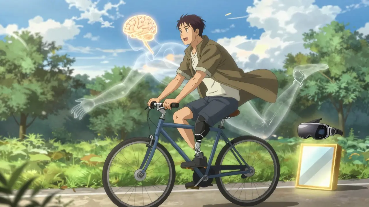 Veteran cycling freely as a phantom limb moves in sync, symbolizing pain relief through therapy.