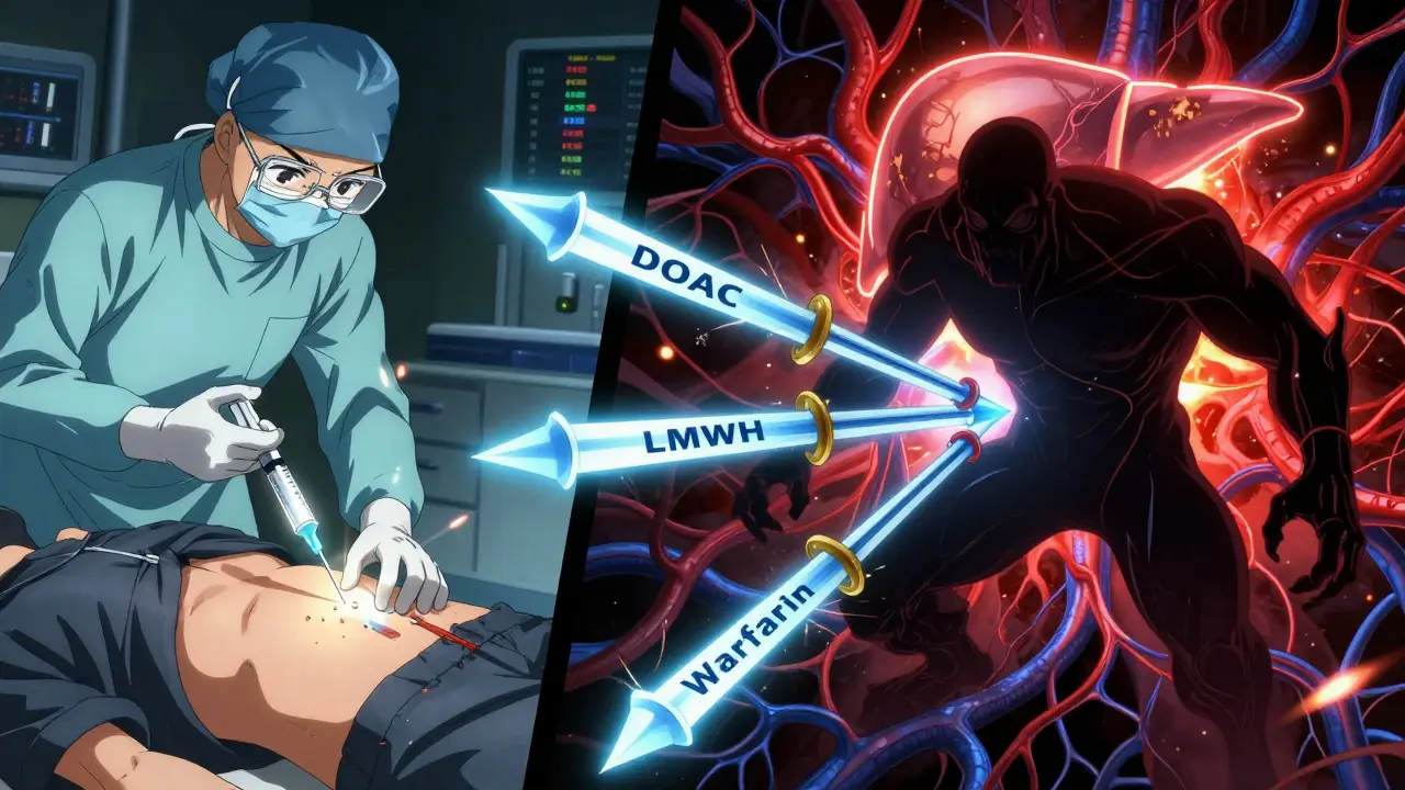 A battle scene with anticoagulant weapons defeating a blood clot monster, representing treatment options for portal vein thrombosis.