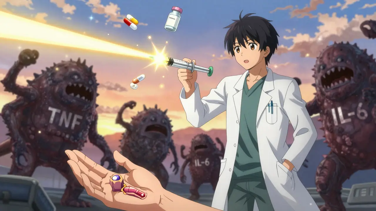 A hero uses a glowing biologic syringe to defeat immune monsters and restore a patient's hand function.