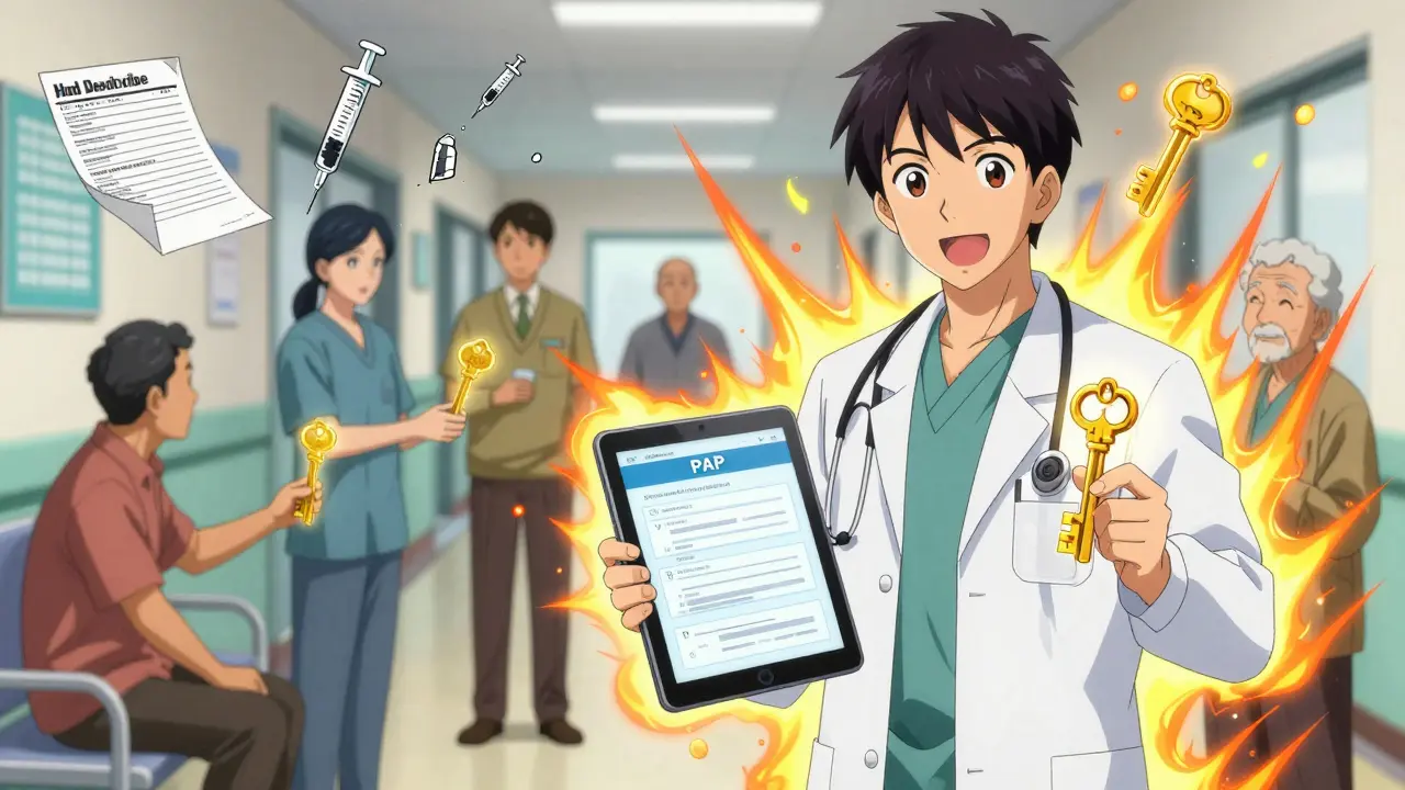 A hospital specialist helping diverse patients, with glowing keys symbolizing access to life-saving medication.