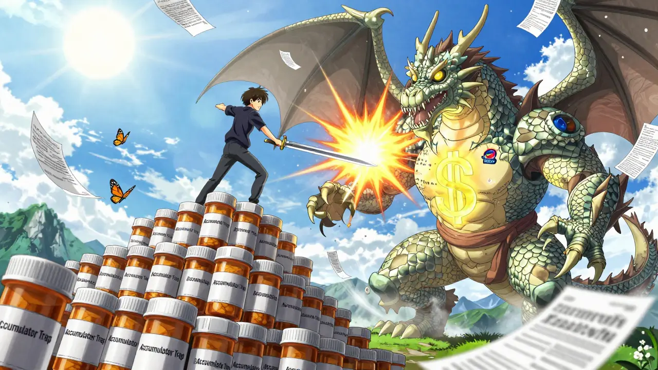 A patient battles an insurance dragon using a PAP approval sword, with foundation logos shining as armor.