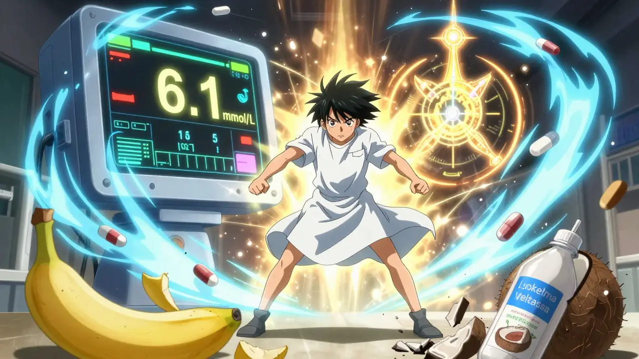 A patient confronting a high potassium reading with protective binder energy, shattered banana and glowing pill in epic anime scene.