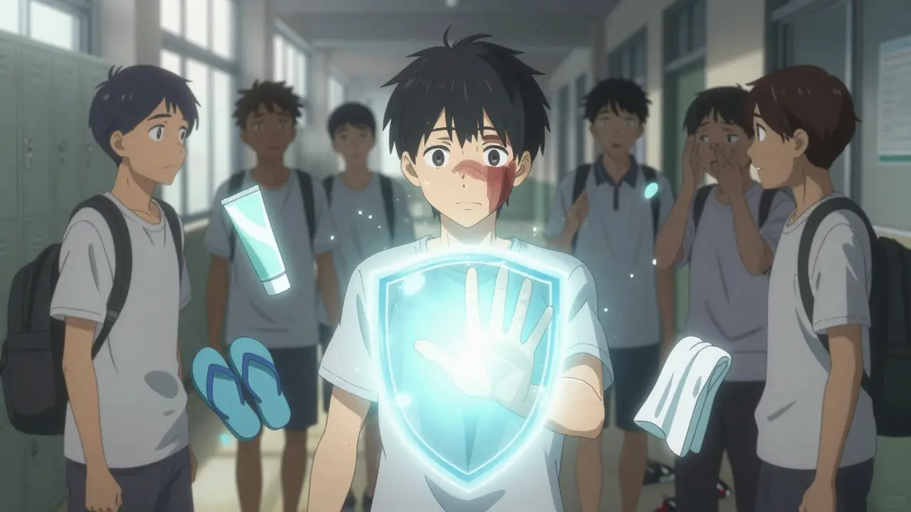 A teen with a covered rash emitting a protective light shield while others stare, with symbols of prevention around them.