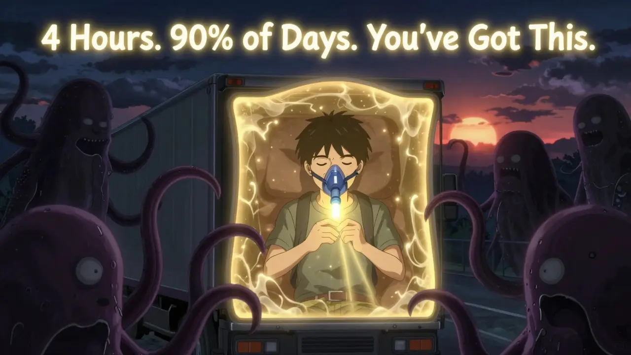 A truck driver fights sleep apnea monsters with a glowing APAP machine, protected by radiant light as dawn breaks behind him.