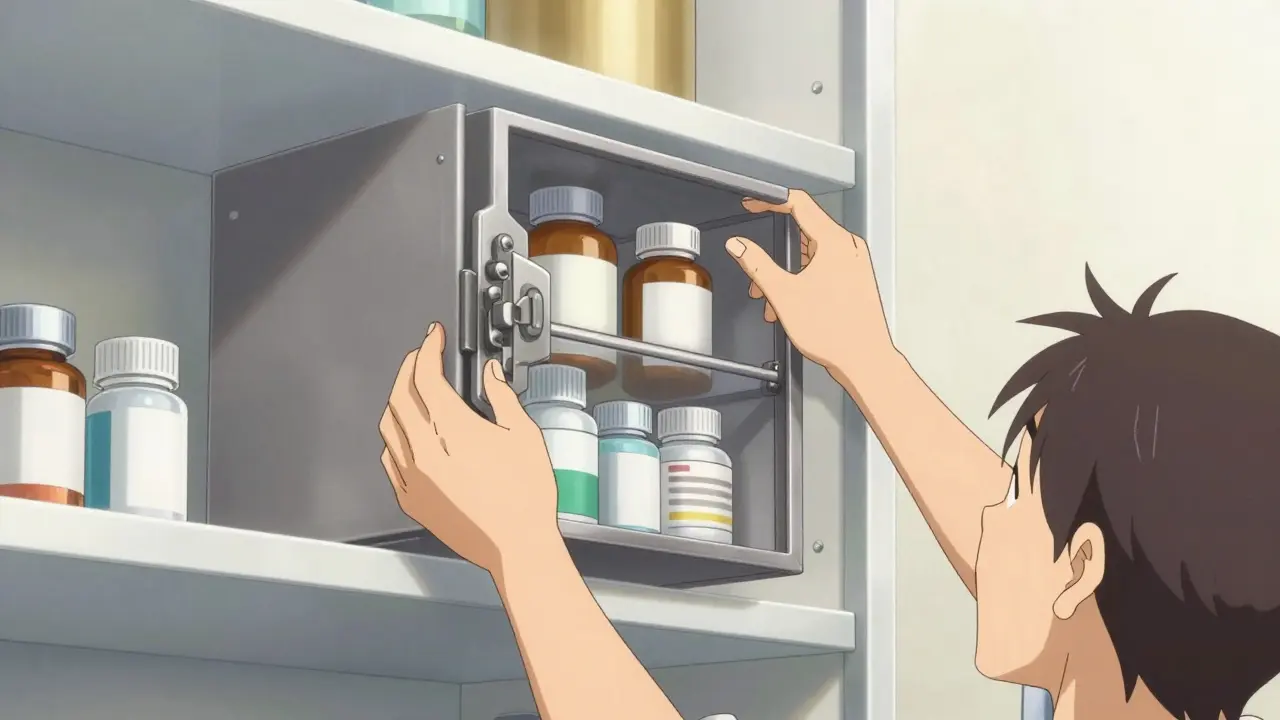 Adult locking medicine box on high shelf